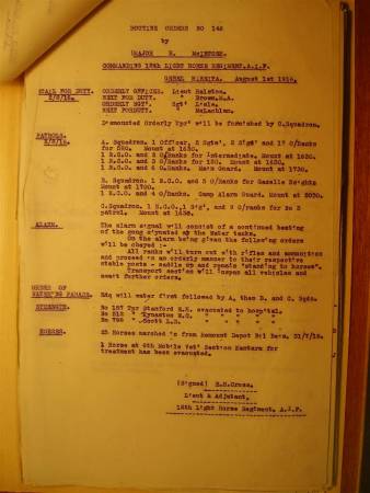 12th Light Horse Regiment Routine Order No. 146, 1 August 1916