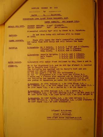 12th Light Horse Regiment Routine Order No. 153, 8 August 1916