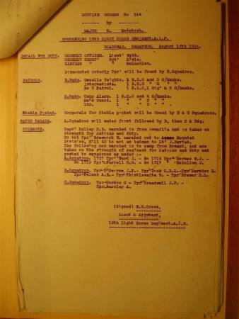 12th Light Horse Regiment Routine Order No. 164, 18 August 1916