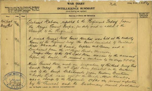 12th Light Horse Regiment War Diary, 11 December - 13 December 1916 