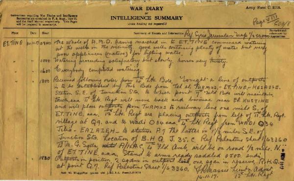 12th Australian Light Horse Regiment War Diary, 14 November - 14 November 1917 