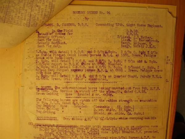 12th Australian Light Horse Regiment Routine Order No. 94, 8 September 1918, p. 1 