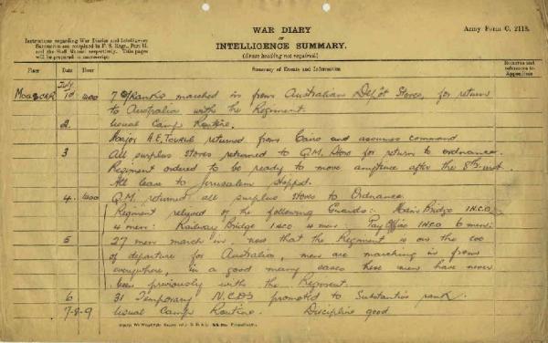 12th Australian Light Horse Regiment War Diary, 1 July - 9 July 1919