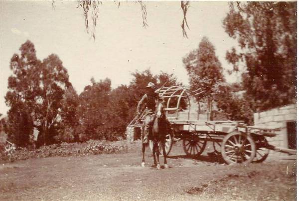 Destroyed wagon at ruined Boer house.