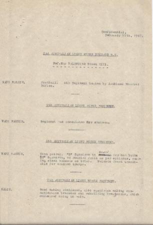2nd Light Horse Brigade Daily Reports, 11 February 1918 s