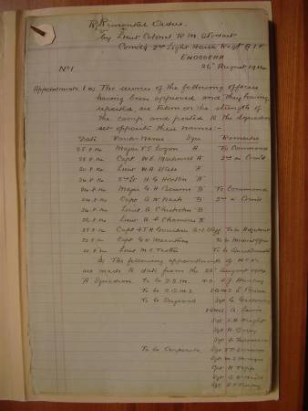 2nd Australian Light Horse Regiment Routine Order No. 1, 26 August 1914, p. 1 