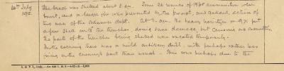 War Diary entry of 14 July 1915 describing the fire at the Ammunition Park