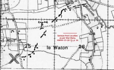 AWM4-23-18-31, p. 44, Map segment highlighting the German Post at  Meteren Becque, 27 May 1918