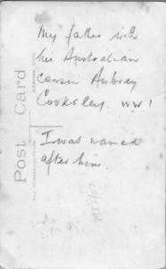 Aubrey Reginald COOKSLEY, post card reverse