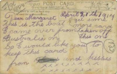 Hans KRISTOFERSEN to Margaret Ann ROBERTSON, dated 21 April 1917, reverse