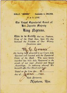 Shellback Certificate presented to Ms ME Evans, 11 June 1920