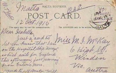 William Thomas Yates letter from Malta, 12 October 1915, reverse