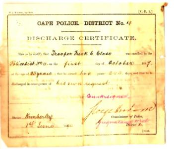 Discharge Paper, Cape Police, Frederick Charles CLOSE, 1 June 1899, Obverse