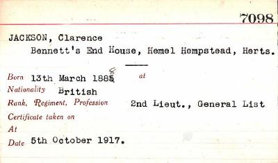 Clarence Jackson, Personal Details, 5 October 1917