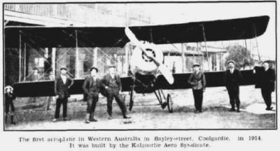 The first aeroplane in Western Australia in Bayley Street, Coolgardie, in 1914. It was built by the Kalgoorlie Aero Syndicate.