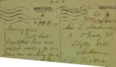 Letter 1 to Laura MacKINNON from Cliff dated 29 August 1917