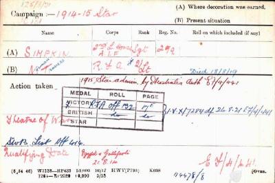 Norman Travers SIMPKIN, Medal Information Card 