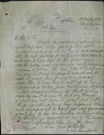 Albert Edward CAMPBELL - Mother's Letter, 12 November 1916