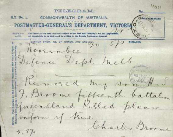 Hider Stanley Filmer BROOME - Father's Telegram, 5 May 1915