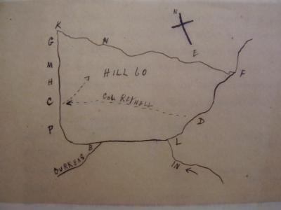 Captain Scott's hand drawn map detailing the attack of Colonel Reynell, 9th LHR, at Hill 60, 27 August 1915