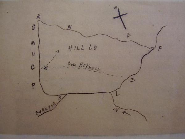 Captain Scott's hand drawn map detailing the attack of Colonel Reynell, 9th LHR, at Hill 60, 27 August 1915 s