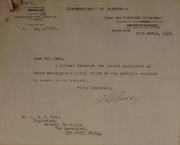 Letter from AW Pretty to CEW Bean re: Merrington's Diary, 15 March 1924