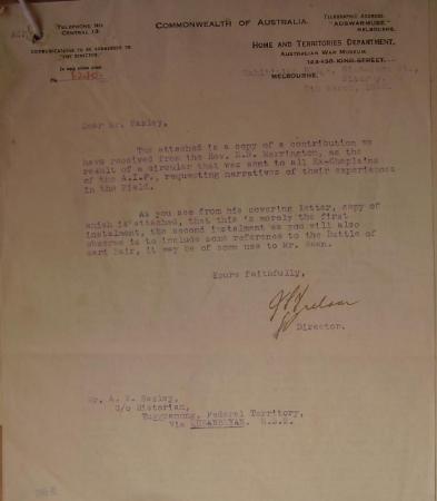 Letter from Treloar to Bazley re: Merrington, 7 March 1922