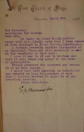 Letter from Merrington to CEW Bean re: Merrington's Diary, 5 March 1924